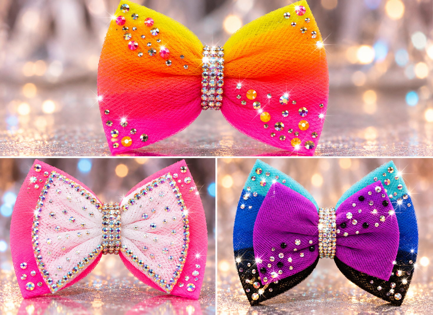 Three colorful rhinestone bows