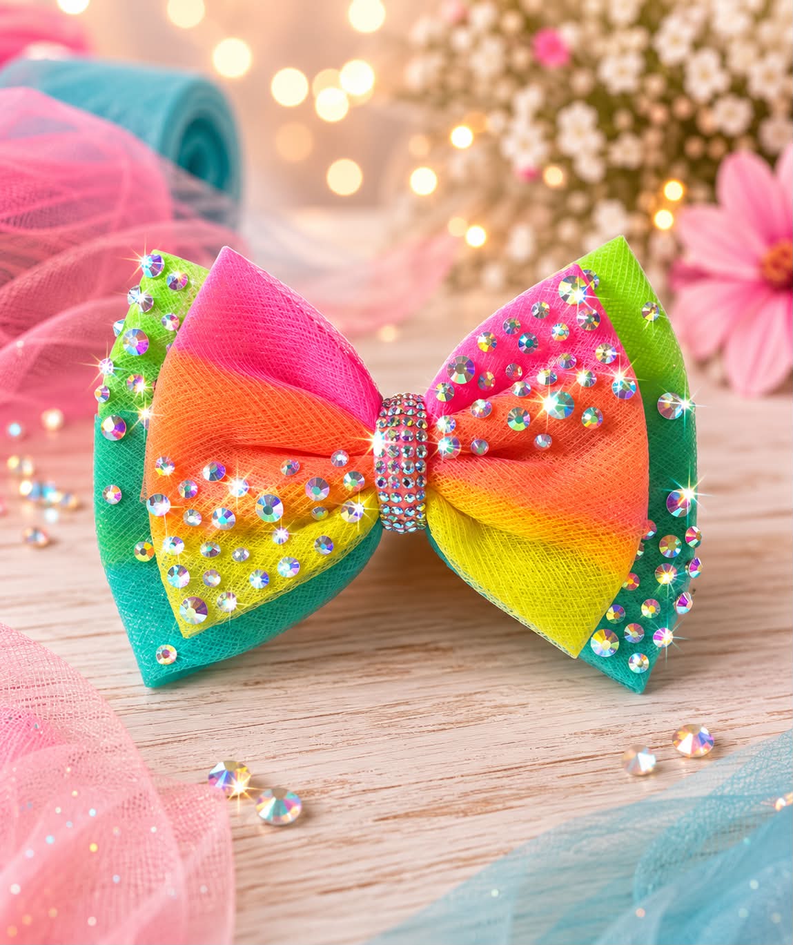 Bright multicolor rhinestone bow