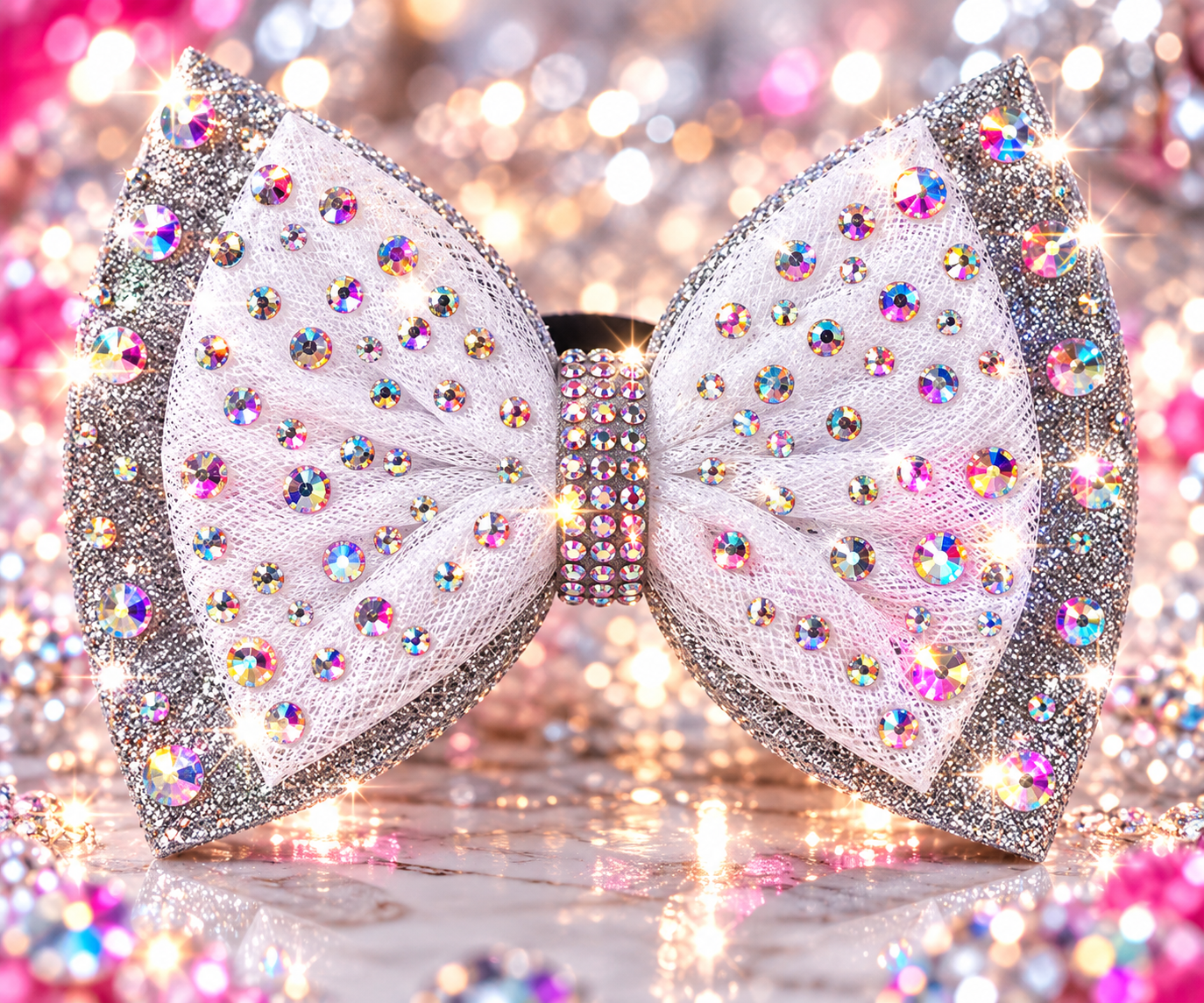 Silver and white rhinestone bow